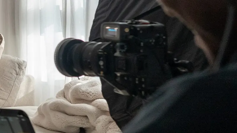 Cinema camera and softbox on set